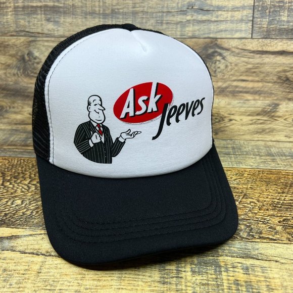 Ask Jeeves Mens Trucker Hat Black Snapback 1996 Vintage Logo 90s Nostalgia Cap - Picture 1 of 8